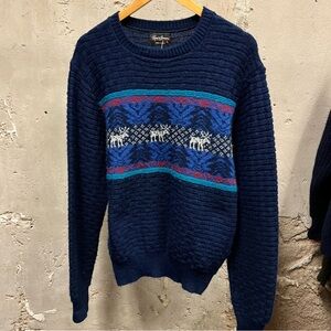 Reed St. James Blue Moose Print Nordic Wool Knit Sweater USA Made Large L 90s